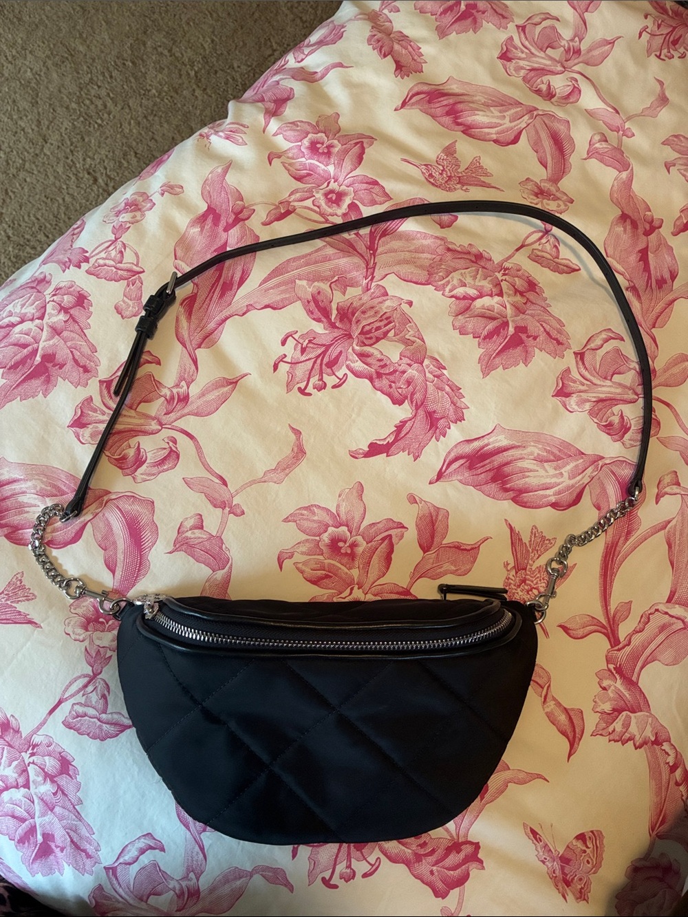 Tory Burch Black Quilted Crossbody Belt Bag with Chain Strap detail